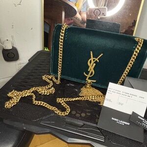 Saint Laurent Dark Green Velvet Crossbody with Gold Chain